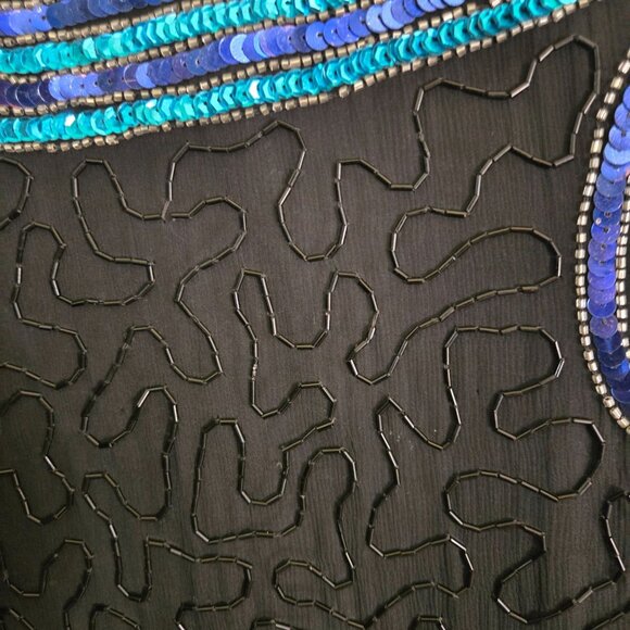 Stenay Vintage Stunning Black Blue Sequined Beaded Silk Sheath Midi Dress Size14 - Picture 5 of 7